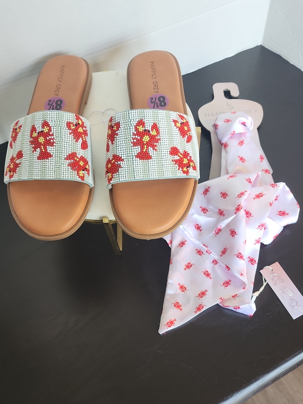 Happily Grey White Slide Sandals with Red Lobster Beading